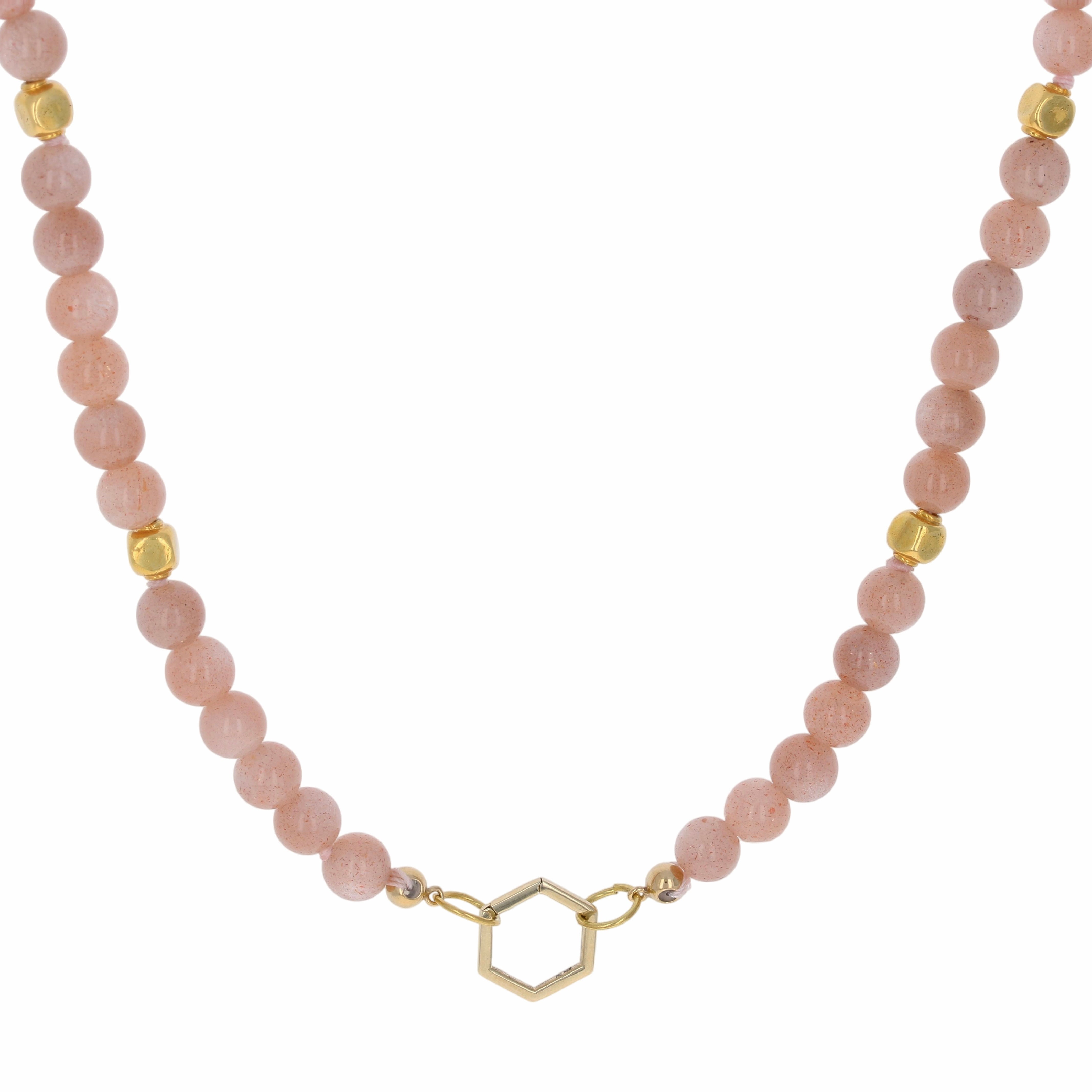 Peach Moonstone Beaded Necklace with Hexagon Charm Enhancer