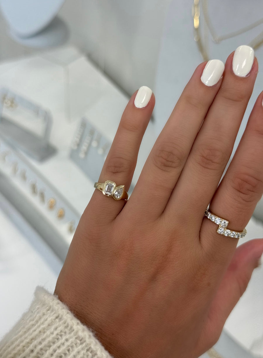 Emerald Cut & Pear Diamond Two Stone Bezel Ring