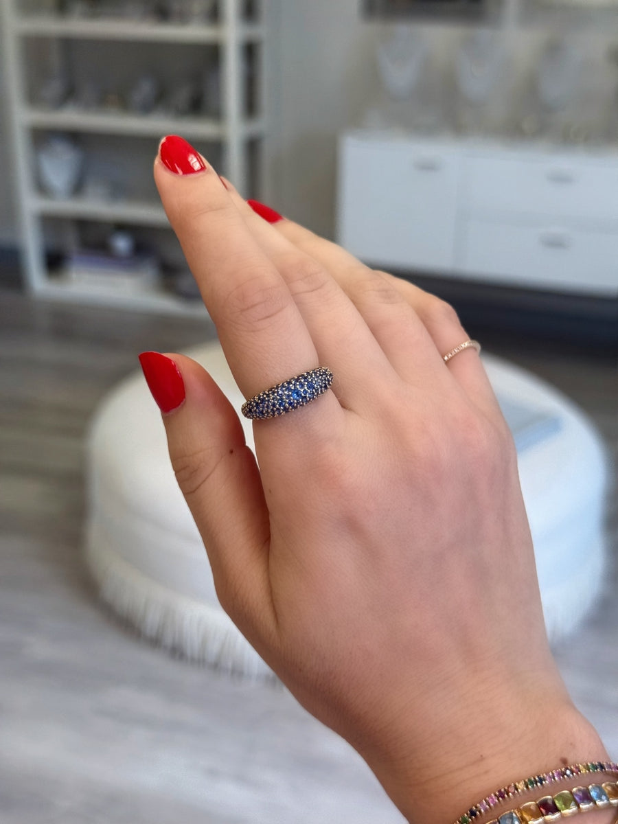 Blue Sapphire Crescent Domed Ring