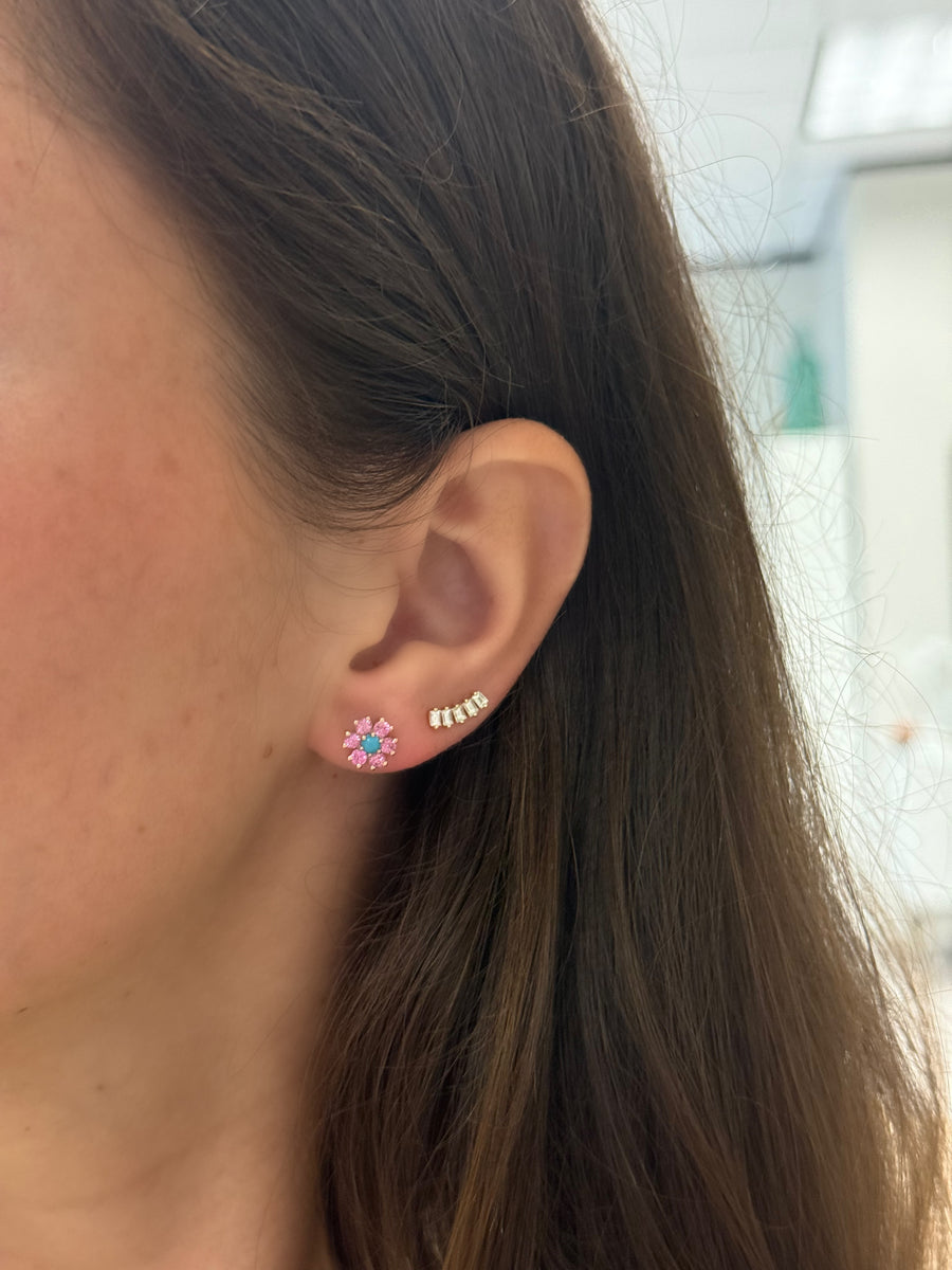 Pink Sapphire and Turquoise Flower Studs