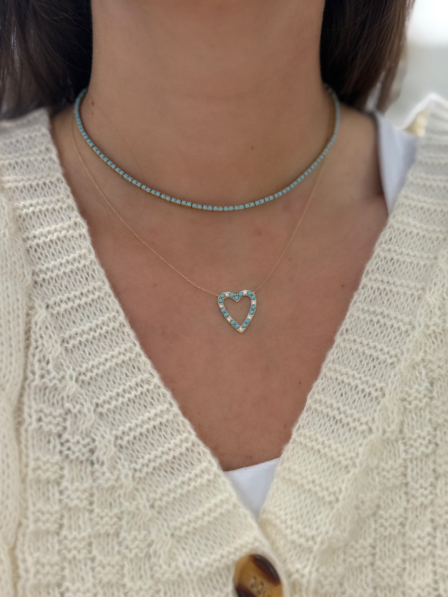 Turquoise and Diamond Open Heart Necklace
