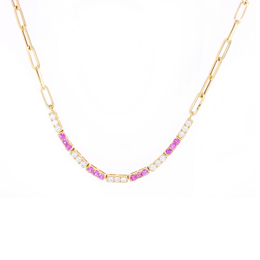 Diamond and Pink Sapphire Section Necklace on Paperclip Chain