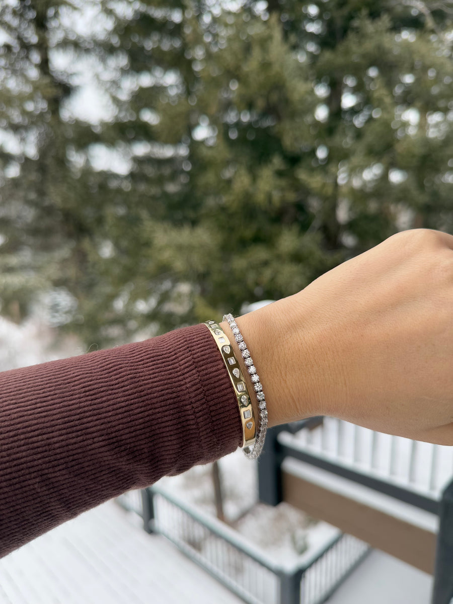 Inlay Baguette and Pear Diamond Geometric Bangle