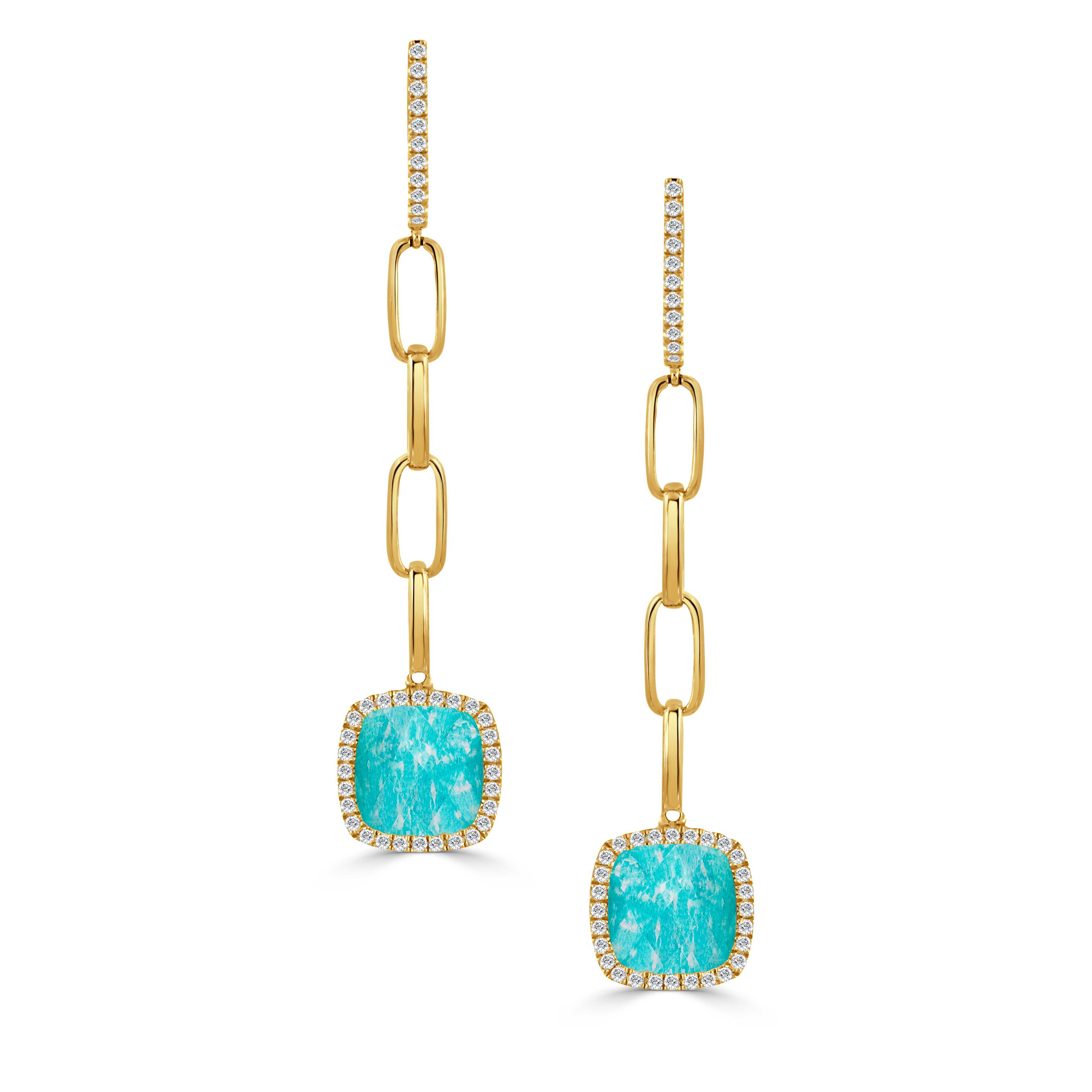 Amazonite Diamond Yellow Gold Cushion Dangle Earrings