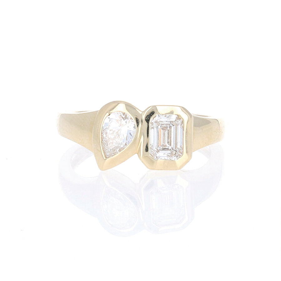 Emerald Cut & Pear Diamond Two Stone Bezel Ring