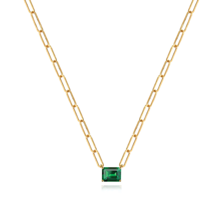 Solitaire Gemstone Emerald Cut Paperclip Necklace