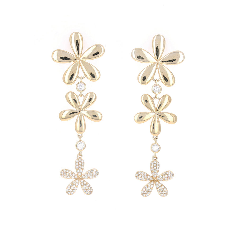 Gold and Pave Flower Dangle Earrings