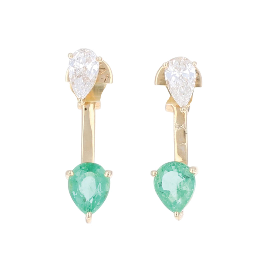 Pear Diamond and Emerald Ear Jacket Studs