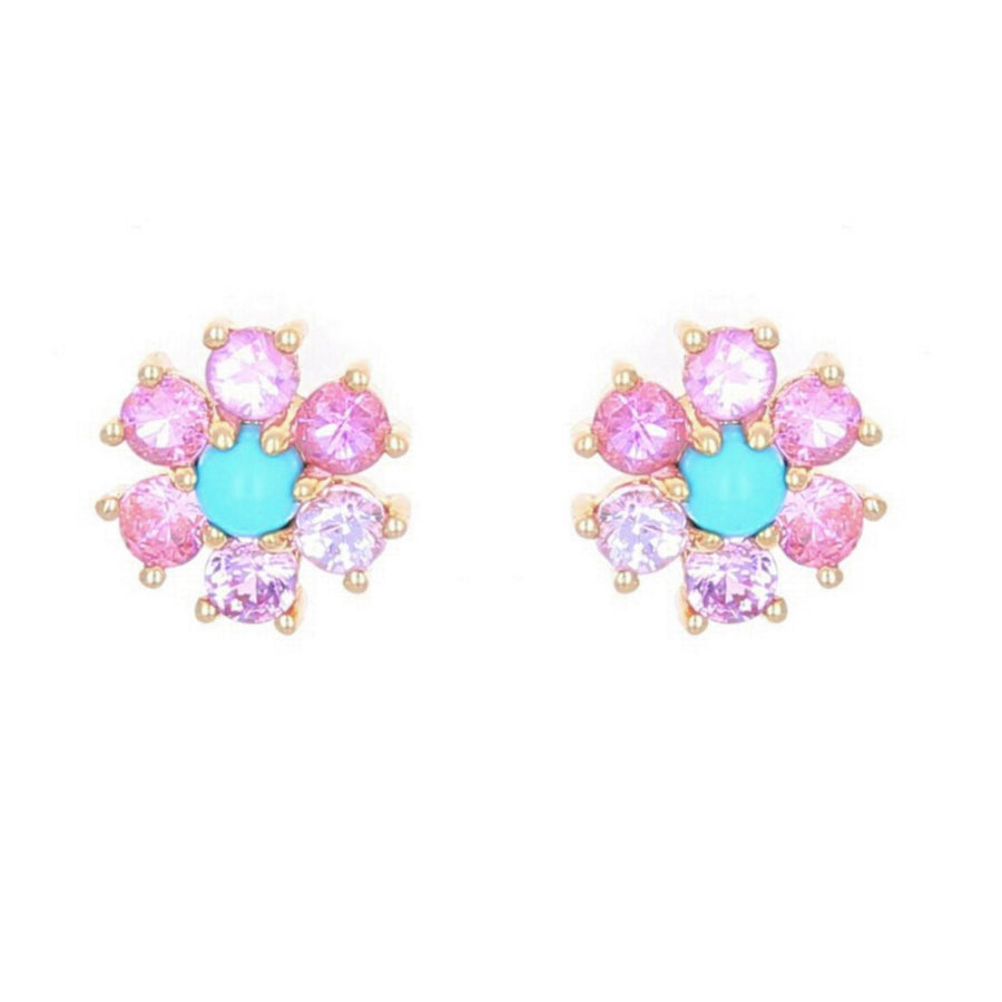Pink Sapphire and Turquoise Flower Studs