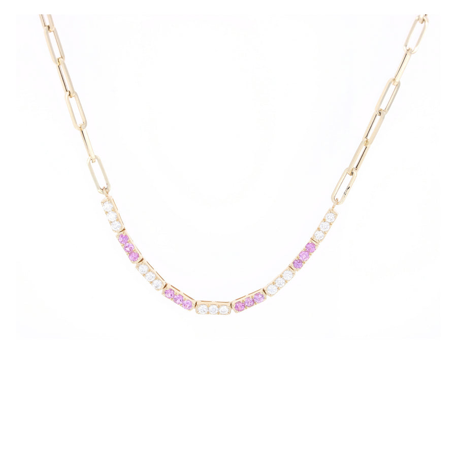 Diamond and Pink Sapphire Section Necklace on Paperclip Chain